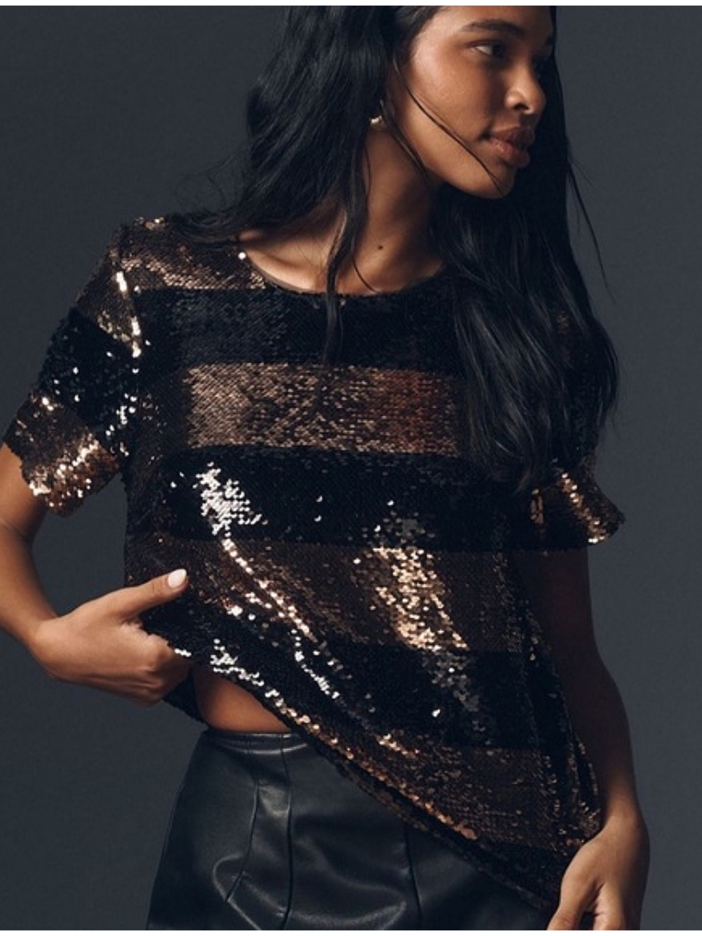 Anthropologie Maeve Short-Sleeve Sequin Striped Top In Black & Gold/Copper, NWT